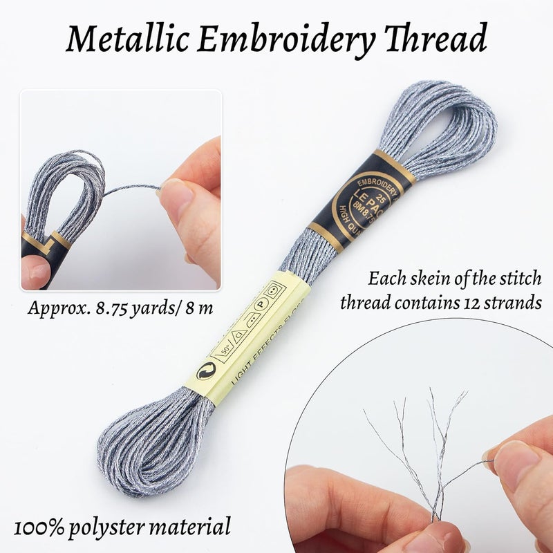 krastmon 6 Skeins Embroidery Thread, Metallic Grey Embroidery Floss Friendship Bracelet String, Polyester Cross-Stitch Threads for Hand Embroidery, String Art - Image 2